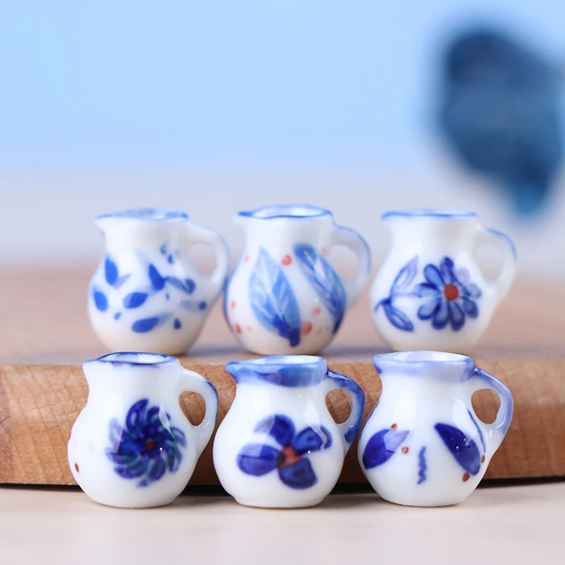 6pcs 1/12 Scale Dollhouse Miniature Mini Porcelain Blue Print Milk Pots Teapot Water Cups Set Dolls Room Furniture Decoration