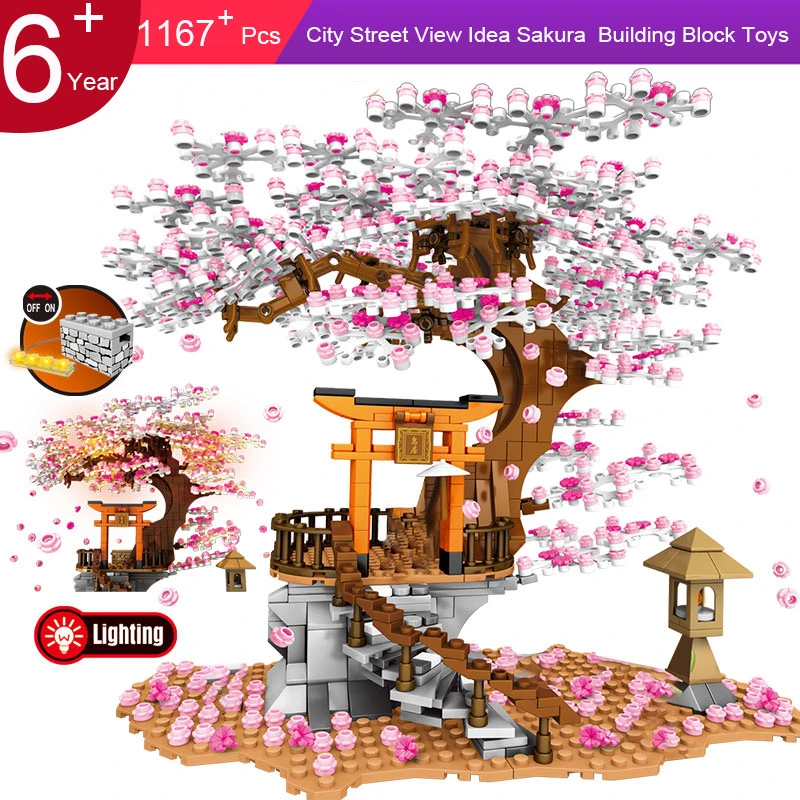 Juego de bloques de construcción modelo Sakura Stall para niños, juguete de ladrillos para armar santuario Inari, vista de la calle de la ciudad, paisaje de flor de cerezo, casa y árbol