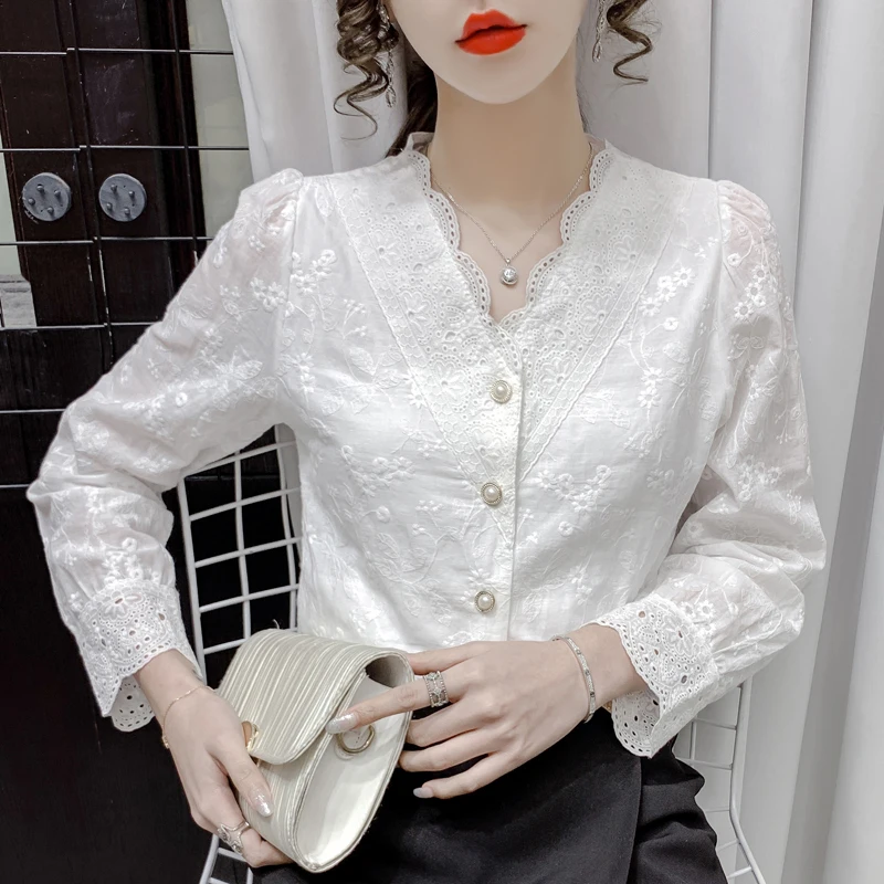 Puff manga longa flores crochê blusa de renda feminino francês v pescoço oco para fora camisa outono branco elegante mulher topo blusas 16650