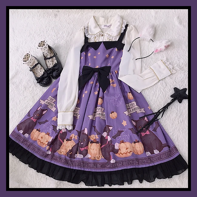 Halloween gothic vintage sweet lolita dress cute printing bowknot high waist victorian dress kawaii girl gothic lolita jsk cos