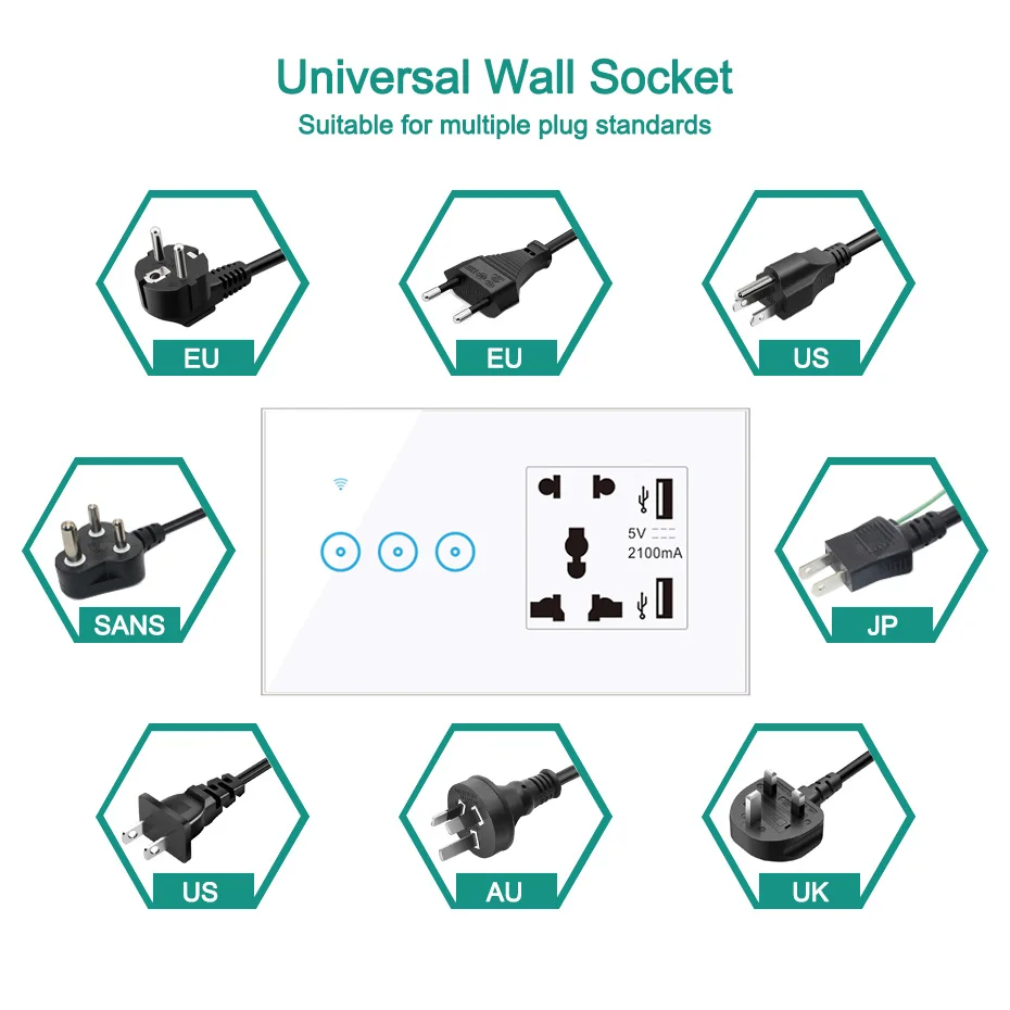 EU/ US/UK/ AU WiFi Buchse 5 Pin USB Universal Steckdose 1/2/3 Gang Smart Touch Licht schalter Arbeit mit Alexa Google Hause