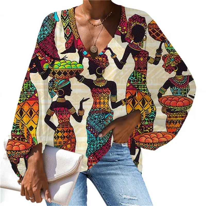 Black African Women Tribal Printing Women Blouses Long Sleeve Casual V-Neck Shirt Plus Size Tops Boho Chiffon Blouses