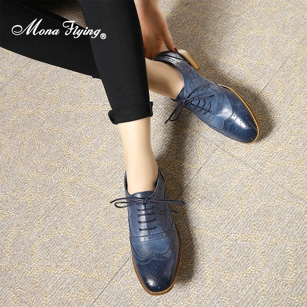 Mona Flying Donna Vera Pelle Wingtip Oxfords Brogue Fatte a Mano Casual Appartamenti Traforati Scarpe Stringate per Donna FLX19-1