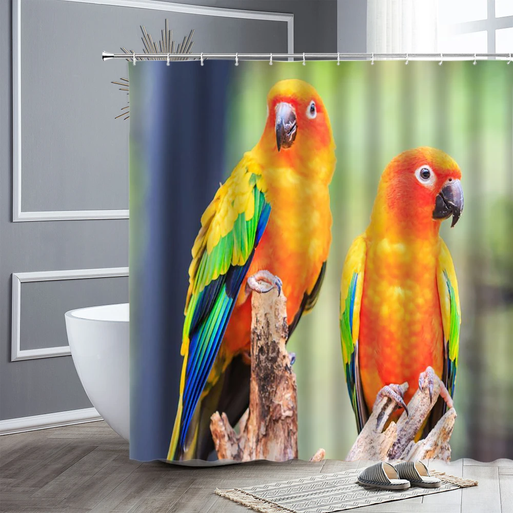 Animal Birds Shower Curtain Green Plant Flowers Parrot Natural Scenery Bathroom Decor Screen waterproof Fabric Bath Curtains Set