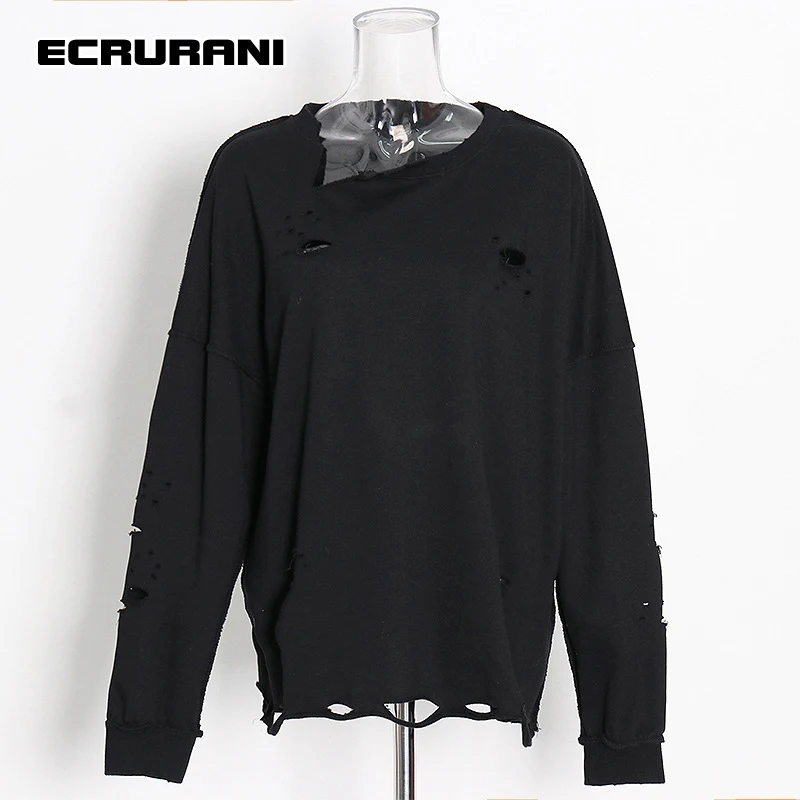 ECRURANI White Hollow Out Pullovers For Women O Neck Long Sleeve Patchwork Sweatshirt Females Summer Clothing 2021 Fashion Style