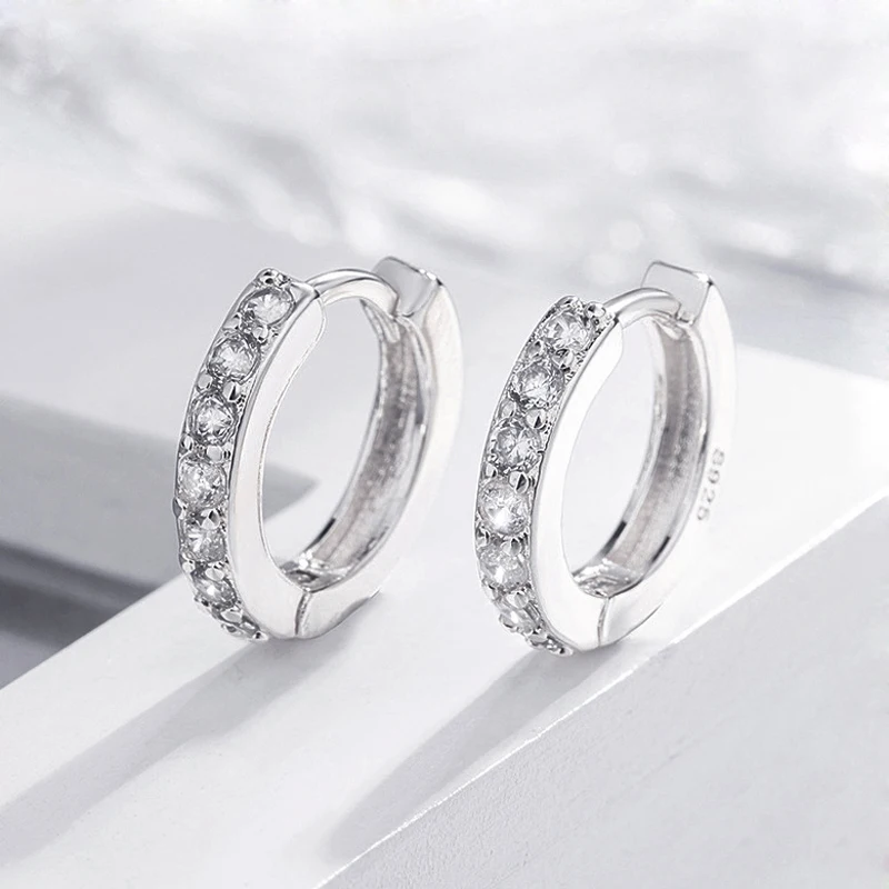 New Punk Rock Jewelry Girl&Men 925 Sterling Silver Simple Exquisite Hoop Earrings Unisexual Shine Rhinestone Hook Ear Circle