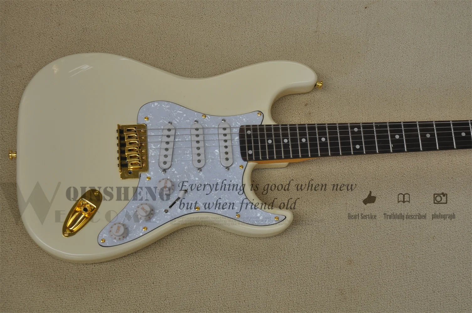 

Factory Custom Electric Guitar ,Star Guitar,Milk Yellow Body White SSS Pickups Yellow Maple Neck,Gold Buttons,24 frets 22frets