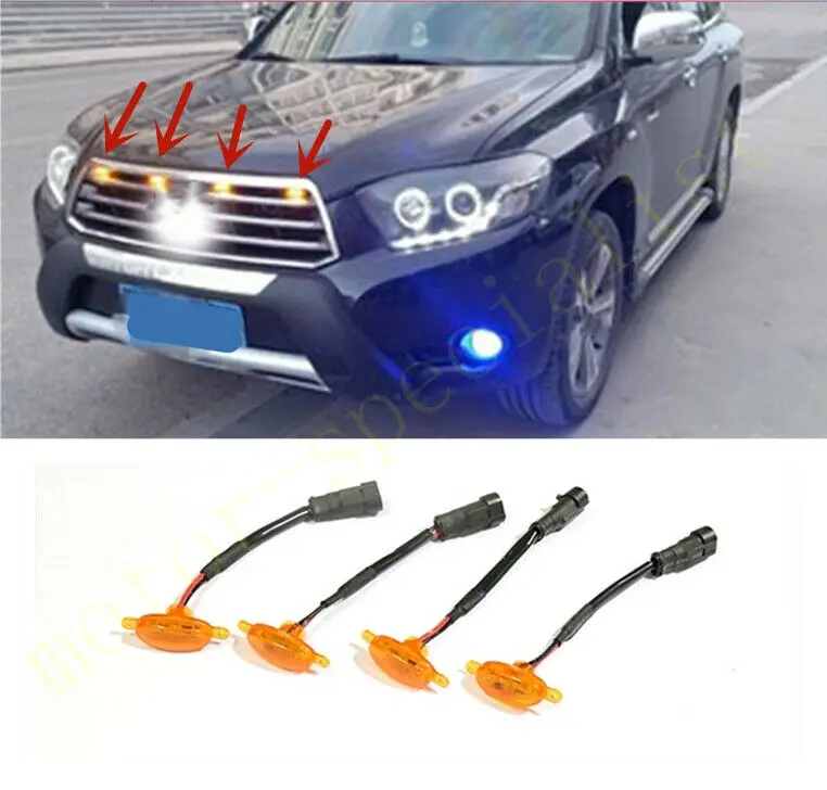 

LED Car Front Grille LED Amber Light Raptor Style Light Kit Decor W/ Wire Speed 4Pcs For Toyota Highlander 2008-2013