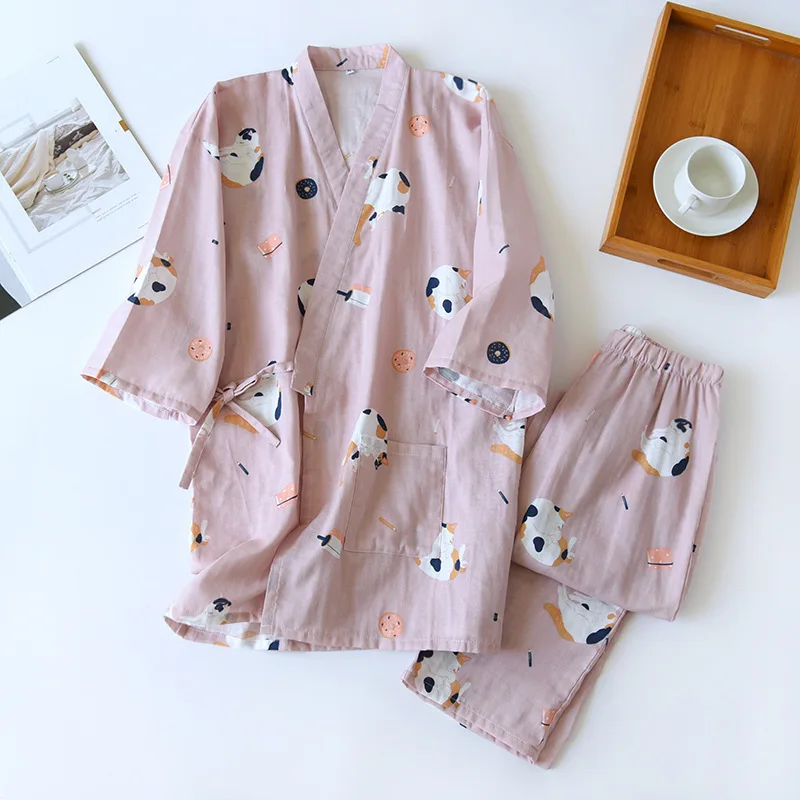 Kimono Sleepwear Man Women Couples Japanese Traditional Yukata Robes Gauze Pajamas Sets Cute Cats Print Nightgown Pyjamas Femme