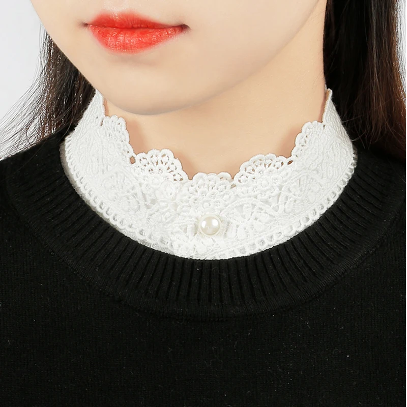 NEW High Quality White Lace Women Fake Collar Stand Beads Detachable Fashion Elegant Ladies False Blouse Collar Half Shirt