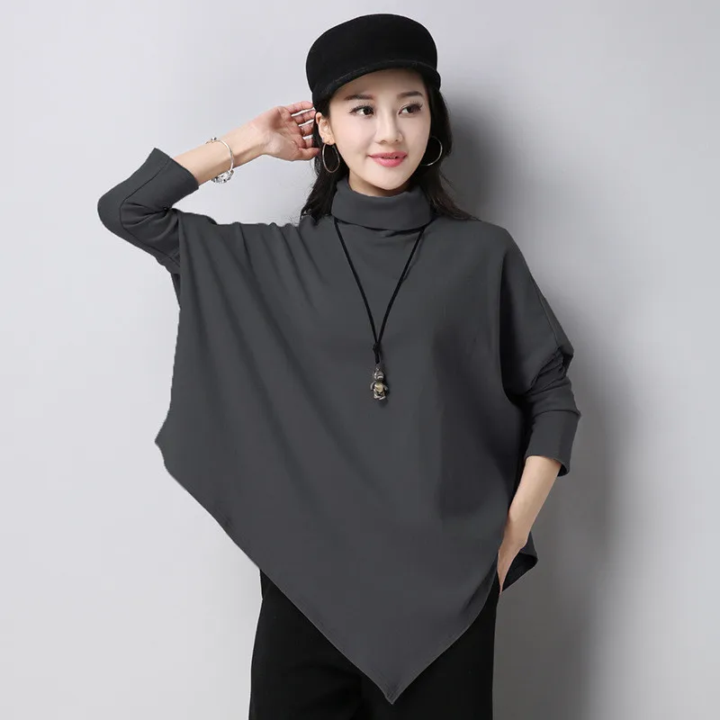 2023 Women's Turtleneck Fashion T Shirt Women Thickening Winter Batwing Asymmetrical Tops Loose Casual T-shirts WXF572