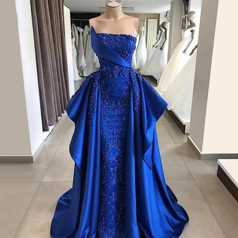 Vestidos de Noche de sirena azul real de lujo con Apliques de encaje de tren desmontable, vestido de graduación con cuentas sin tirantes, vestidos de fiesta formales