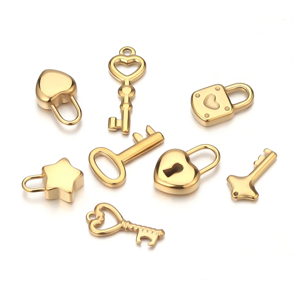 5 Stück Edelstahl Schlüsselanhänger in Goldfarbe, Paar-Anhänger, DIY-Liebhaber-Halsketten-Zubehör, Hip-Hop-Armband-Schmuckherstellung – Detail 6