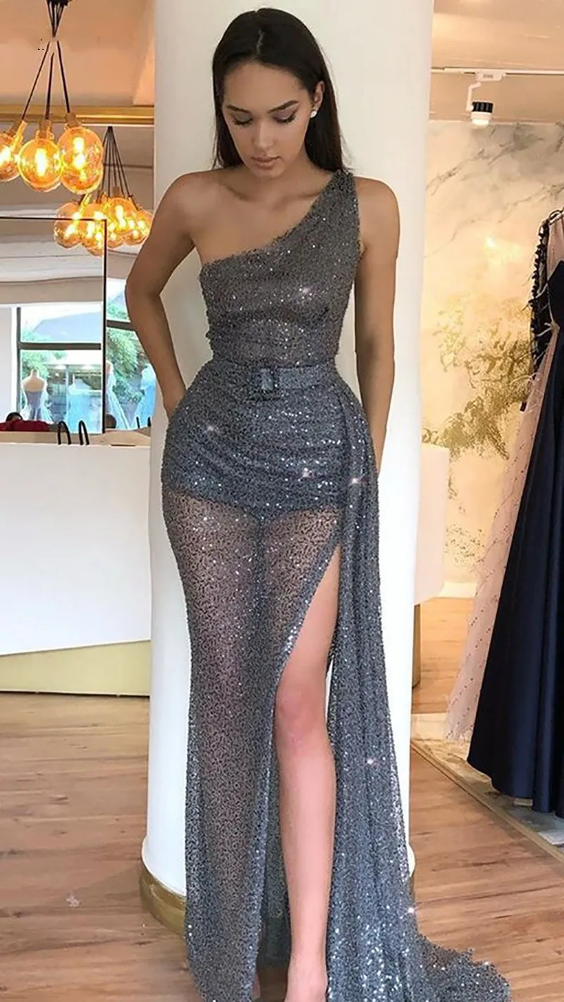 Mermaid Evening Dress One Shoulder Sequin Formal Dress Party Gown robe de soiree Side Split Mermaid Prom Gowns