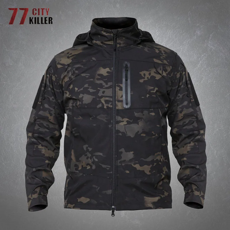 Tactical Soft Shell Hooded Windbreaker Mens Outdoor Combat Military Camouflage Casual Light Airsoft Multi-pockets Jackets Male