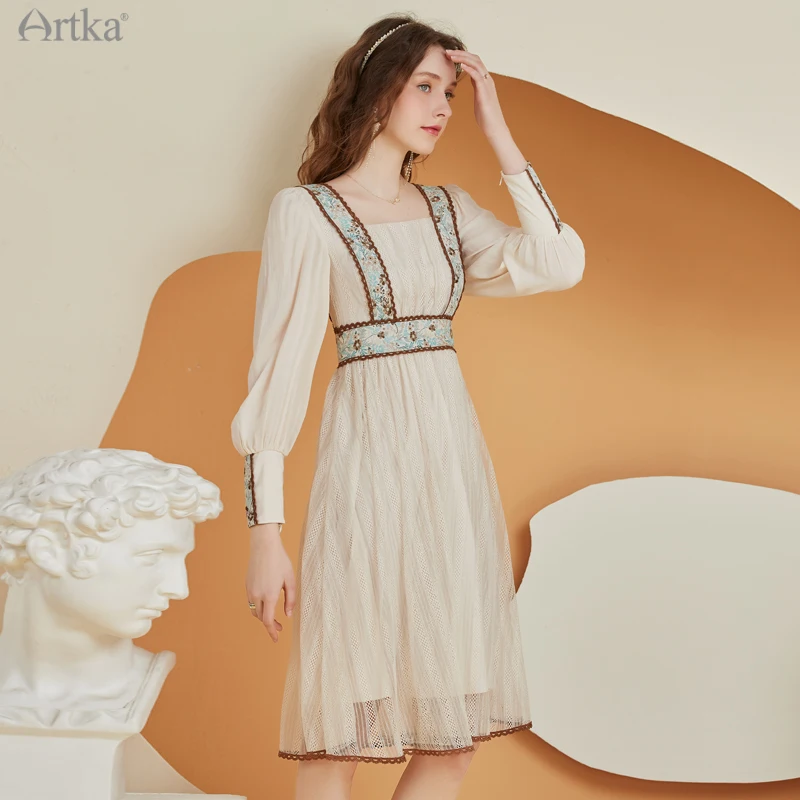 ARTKA 2022 Spring New Women Dress Elegant Vintage Square Collar Embroidery Dresses Puff Sleeve Palace Style Midi Dress LA20029C