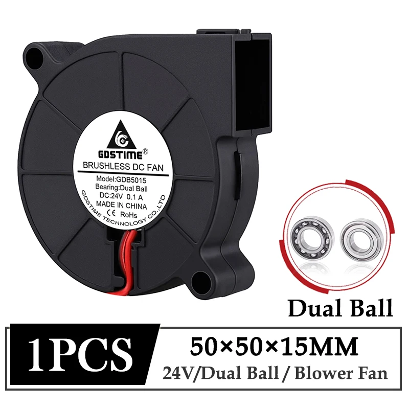 1Pcs Gdstime DC 24V Fan 50mmx15mm 50mm Dual Ball Bearing 2Pin 3D Printer Cooler Fan 5CM 50x15mm Turbo Radial Blower Cooling Fan