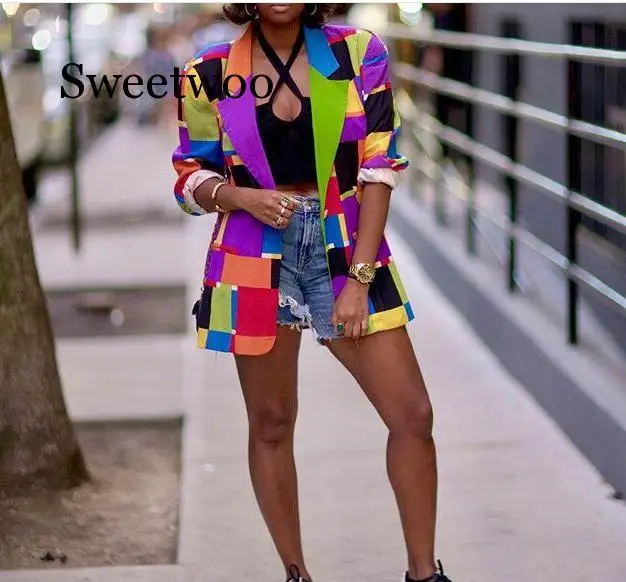 Frauen Gedruckt Bunte Blazer Elegante Damen Chic Streetwear Jacken