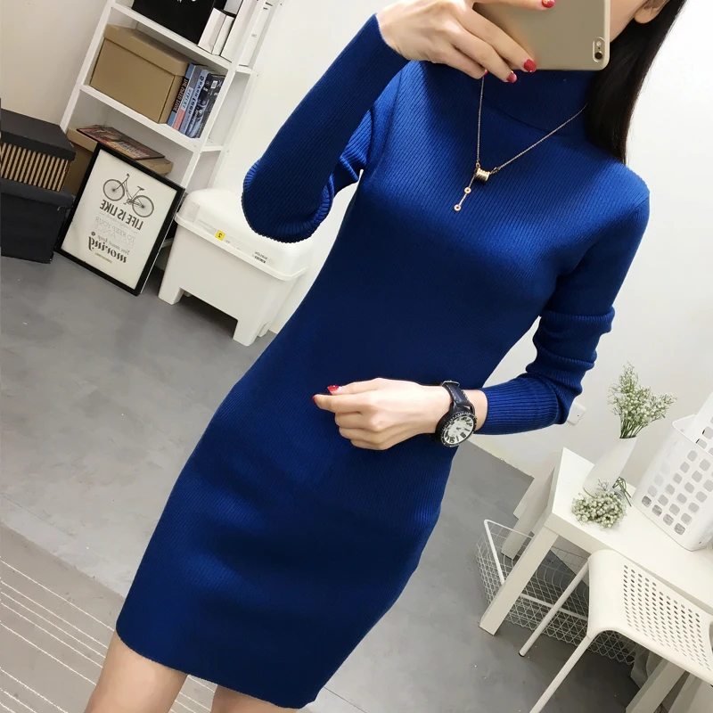 2024 Spring Autumn New Women Slim Turtleneck Sweater Dress Warm padded Ladies Knit Pullovers Sexy stretch Female Long Sweaters