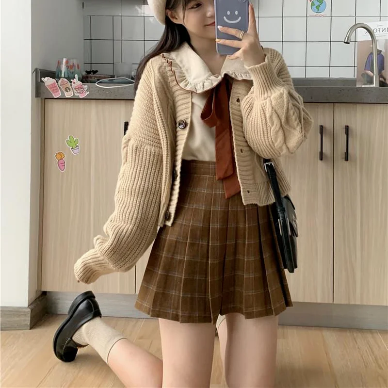 Zestawy damskie Koszule z kołnierzykiem Peter Pan Słodkie Kawaii Japan Style Spódnice w kratę Powyżej kolan Plisowane Kardigany z wysokim stanem
