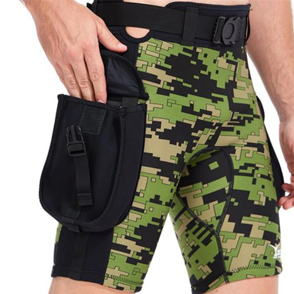 YONSUB Neoprene Men's Wetsuit Surf Pants Technical Dive Shorts External Pockets Belt Snap Closure Camouflage Swim Trunks