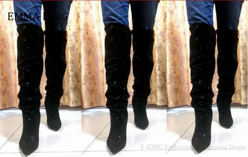 Autumn Winter Women Crystal Slouch Thigh High Boots Women\'s Fashion Spike Heels Rhinestone Boot Bling Runway Wedding Dress Shoes