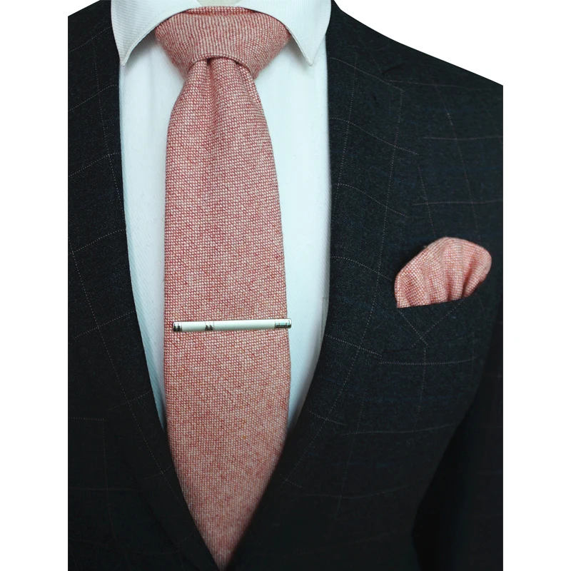 KAMBERFT Solid Color Cashmere Wool Necktie and Pocket Square Tie Clip Sets for Men 8cm Red Brown Green Gray For Men Wedding Tie