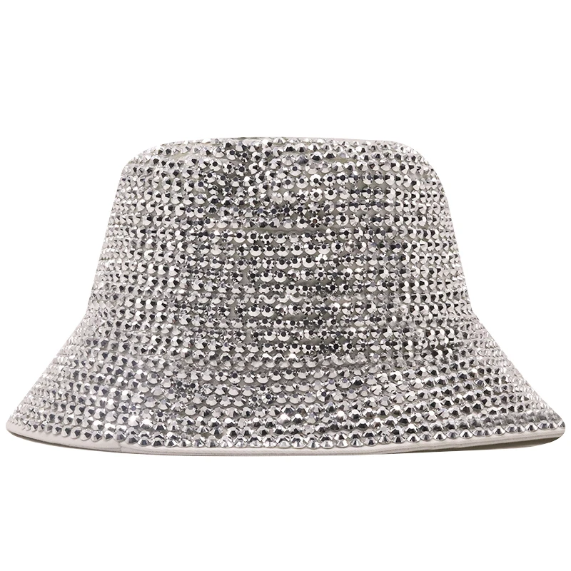 luxury Diamond Bucket Hat Women Reversible Pu And Cotton Soild Sun Hat Fashion Bob Panama Autumn Girl Party Bling Fisherman Hat