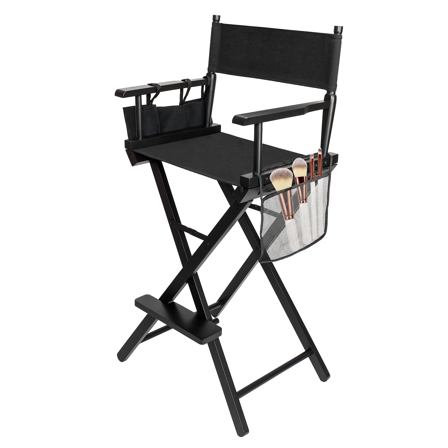 Folding Beech Makeup Chair High Quality Solid Hardwood & Polyester Director Chair Black[US-W]