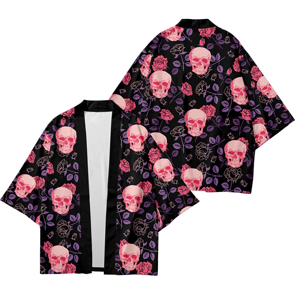 

Plus Size 5XL Skull Rose Fashion Beach Japanese Kimono Kimetsu No Yaiba Robe Cardigan Men Shirts Yukata Haori Women's Clothing