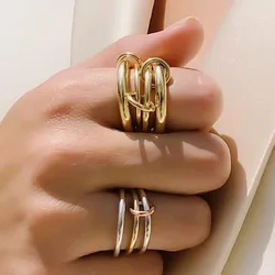 Anillos de acero inoxidable con forma de cadena de tres dedos para hombre y mujer, sortijas de estilo hip hop, oro de 18 quilates, accesorios de moda