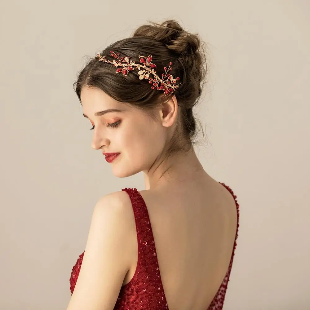 O547 – serre-tête en cristal rouge avec perles personnalisées pour mariée, joli bijou de mariée brillant pour filles