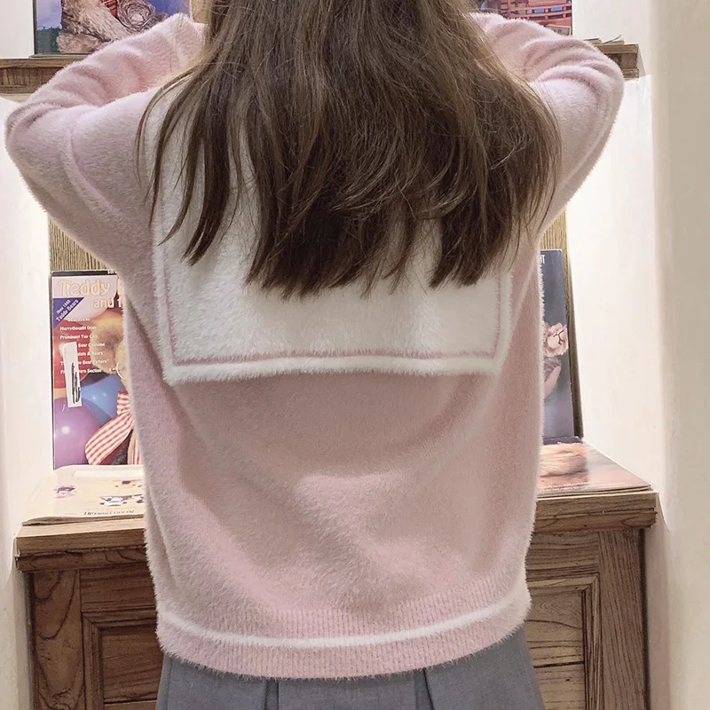 Winter College Plush Knitted Sweater Women Pink Kawaii Cashmere Jumper Girls Soft Warm Vintage Korean Fashion Female Pullover