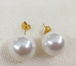 Women Jewelry 14mm 16mm 18mm white round big ball earrings natural shell pearl gold color Stud Earrings