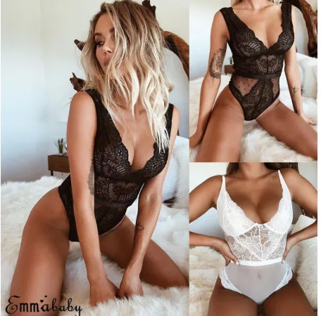 New Womens Sexy Lace Bodysuit Sexy Lingerie Sleeveless V Neck Stretch Leotard Sexy 1-piece Pajamas