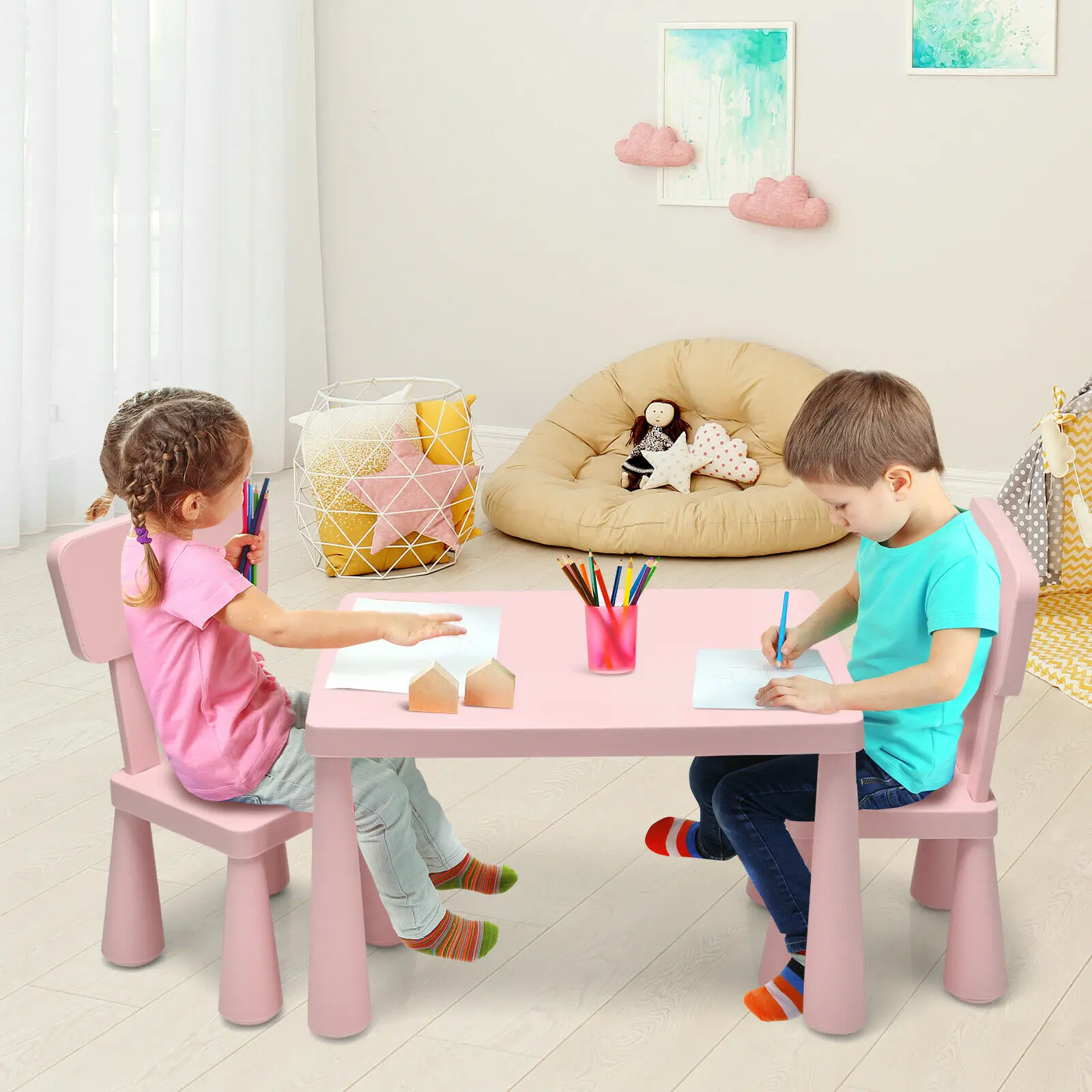 Tavolo per bambini e 2 sedie Set attività per bambini gioco sala da pranzo studio scrivania regalo per bambini rosa HW66810PI