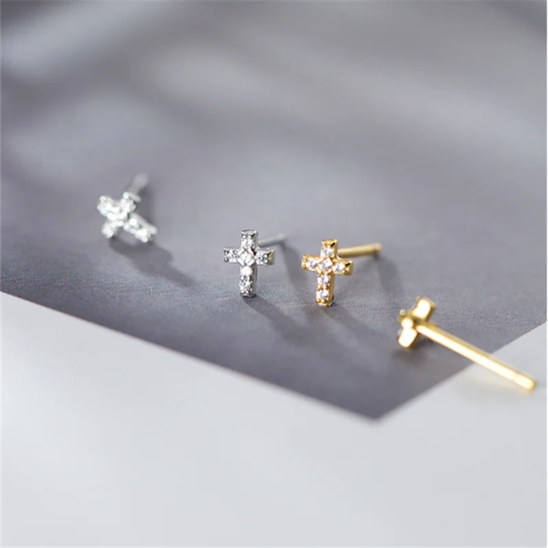 WOOZU Real 925 Sterling Silver Mini Simple Cross Zircon Stud Earrings For Women Party Korean Punk Jewelry Gift Accessories