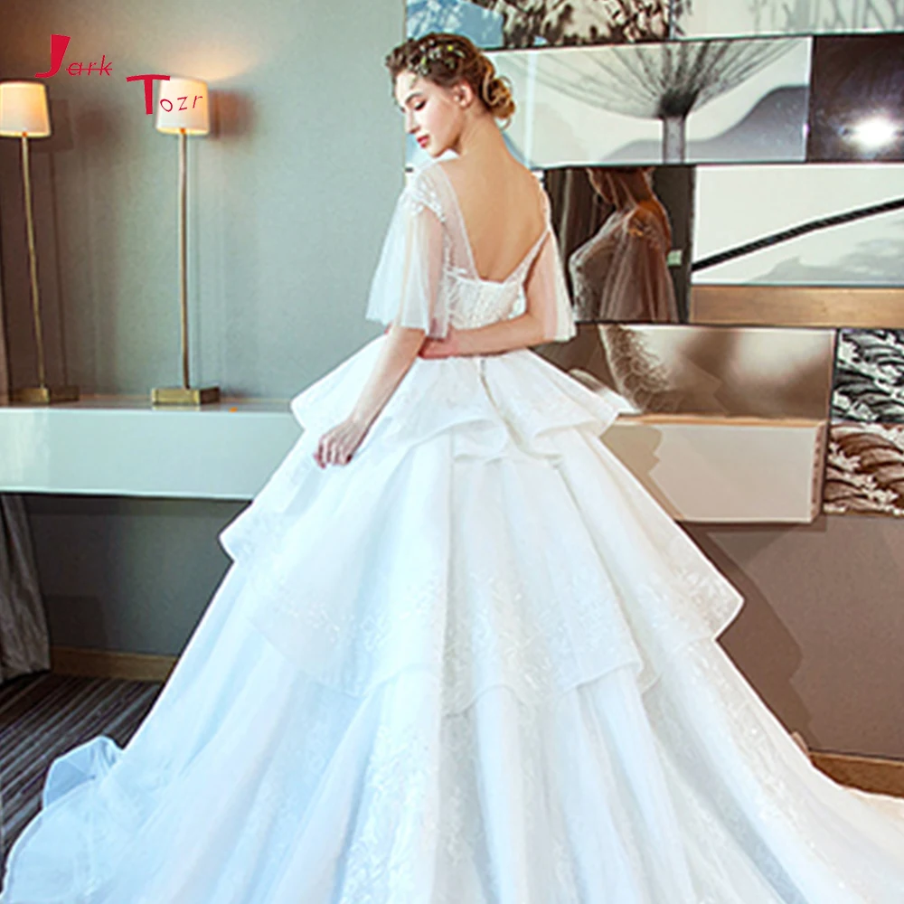 Vestido De novia De manga corta con cuello redondo, con apliques De encaje, para novia