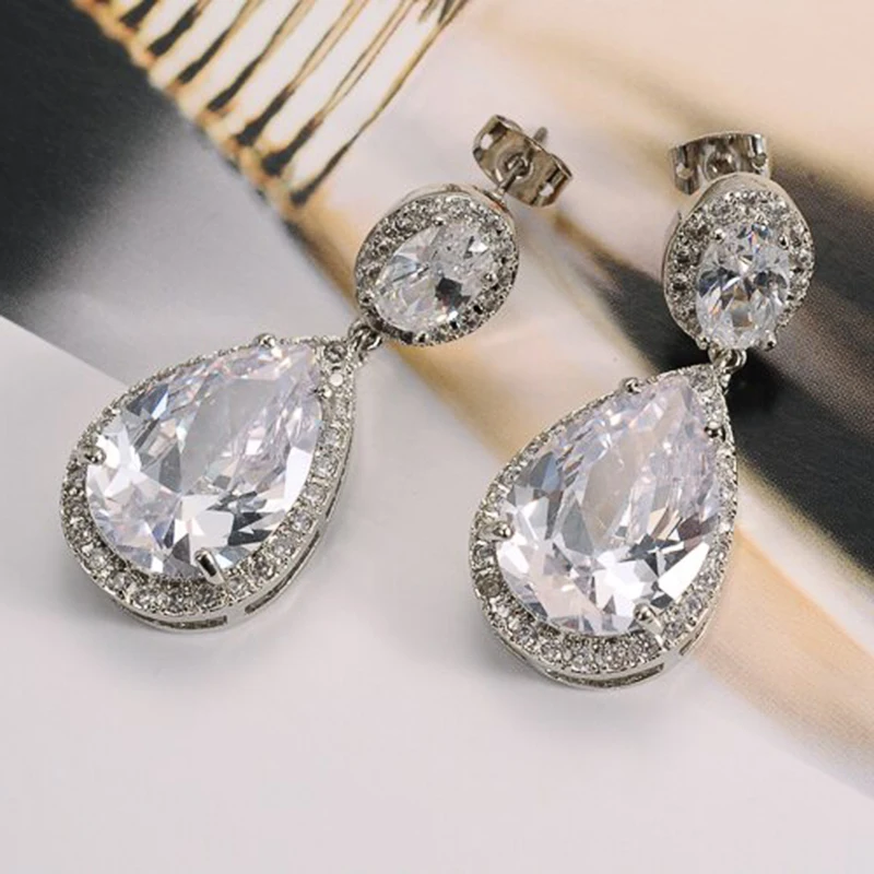 Huitan Eternity Wedding Earrings for Women Brilliant Crystal Pear Cubic Zirconia Anniversary Love Gift Luxury Jewelry Wholesale