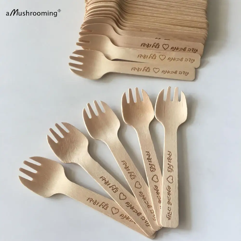 Mini tenedores personalizados con nombre, Mini tenedores de madera con nombre, rústico, Vintage, fiesta de boda, púas de fruta, aperitivo, vajilla de plata, x100