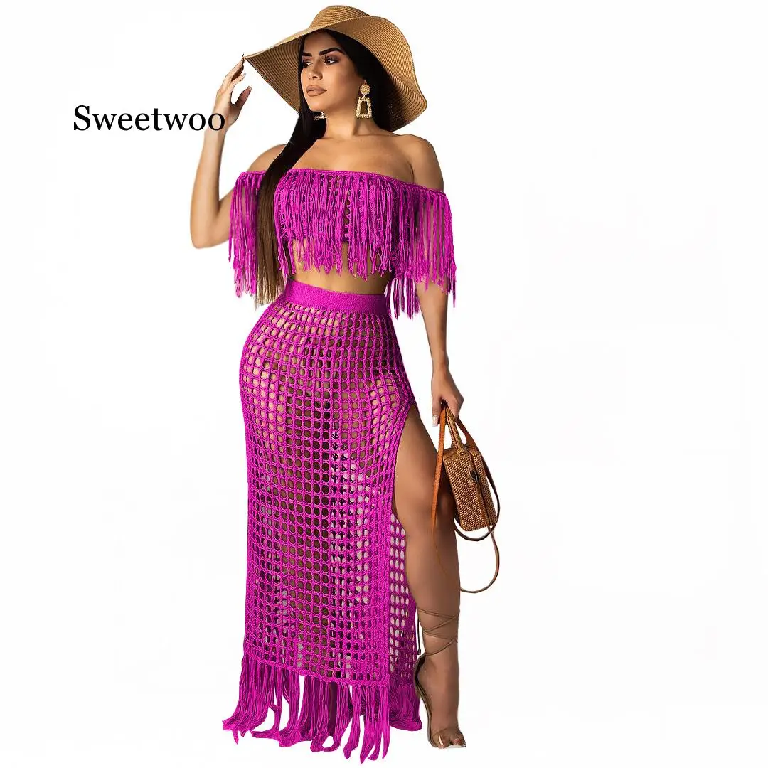 

Trousers length Summer Two Piece Set Crop Top And Skirt Women 2 Piece Set Tassel Beach Matching Sets Outfits