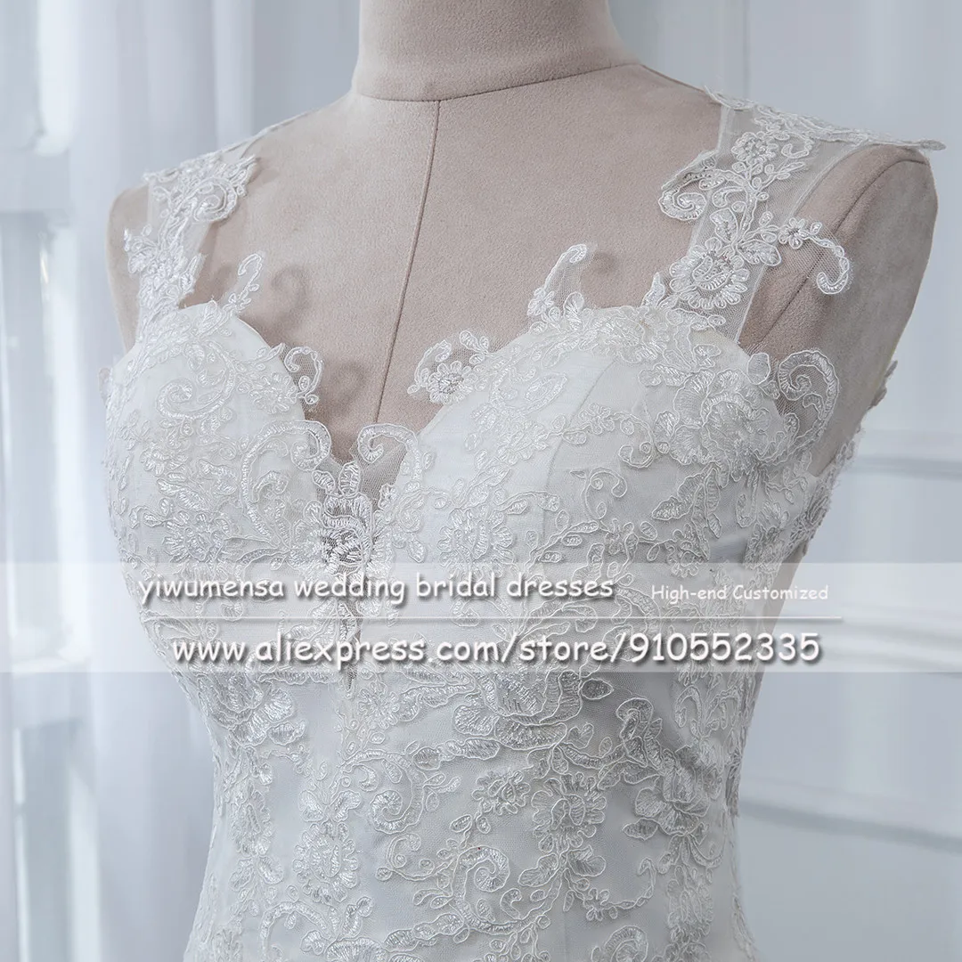 A47 V Neck Sexy Mermaid Wedding Dress With 50cm Long Train Lace Appliques Cap Sleeves White Bridal Gown Open Back Robe de Mariee