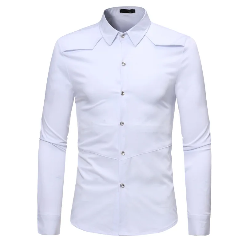 

White Lapel Long Sleeve Dress Shirt Men Slim Fit Casual Button Down Shirts Mens Business Office Work Camisa Social Masculina