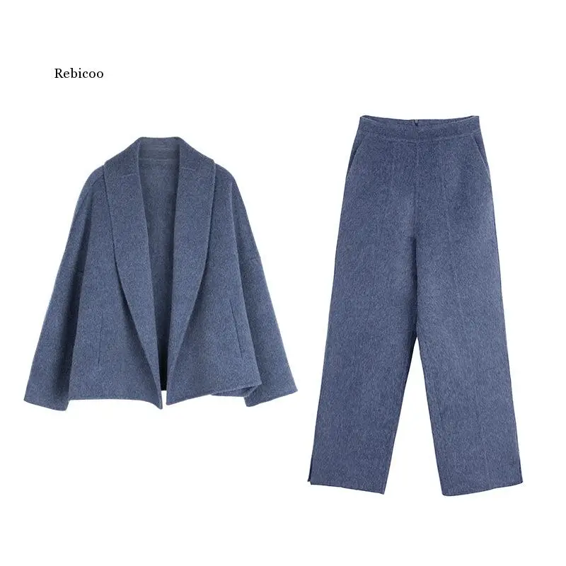 

Winter Fashion Woolen Two Piece Sets Women Korean Coat and Straight Pants Suits Warm Elegant Ladies Office Outfits