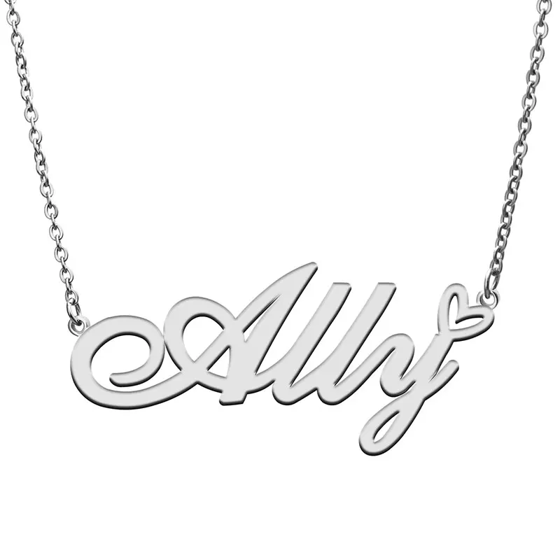 Ally with Love Heart Name Necklace for Women Stainless Steel Jewelry Nameplate Pendant Femme Mother Child Girls Gift