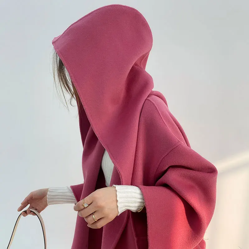 Korean Rose Red Double-Sided Hooded Long Woolen Overcoat Womens Long High-end Thickened 2021 Winter Loose Cocoon 100% Wool Coat