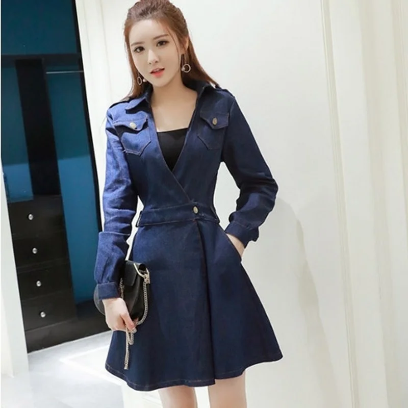 

Women Autumn Deep V Neck Denim Dress Pockets Slim Fit Long Sleeve Jean Dresses Vintage Casual Ladies Plus Size Vestido De Mujer
