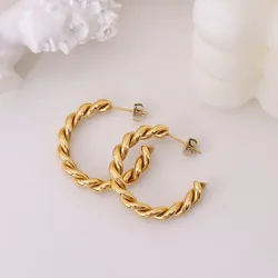 PVD 18K Gold Plated Stainless Steel Twisted Rope Metal Hoops Earrings for Women Girls Waterproof Jewelry Gift
