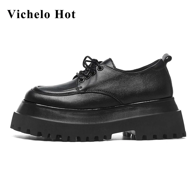 

Vichelo Hot limited customization large size cow leather round toe high heels cross-tied leisure fashion solid women pumps L01