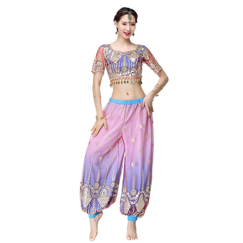 Indian Dance Costume Bollywood Style Women Adult Sexy Belly Dance Set  India Clothing Tops Hanging Coins Lace Up Wide Leg Pants